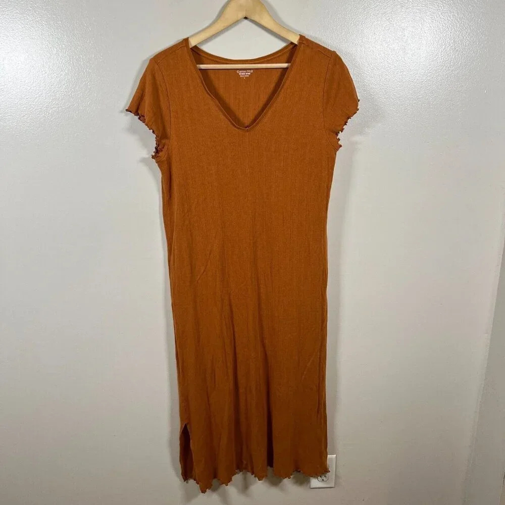 Garnet Hill Lettuce Hem Maxi Dress Size Small Cotton Tencel V-Neck Orange Ribbed